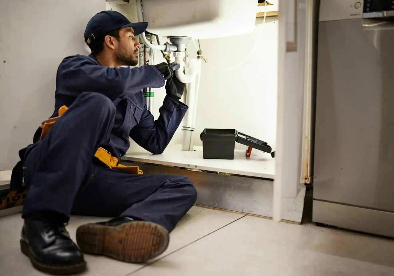 Plumber inspecting and repairing kitchen pipes under the sink, performing maintenance and industrial plumbing work – PAGE Tradie Plumbing & Gas Engineers